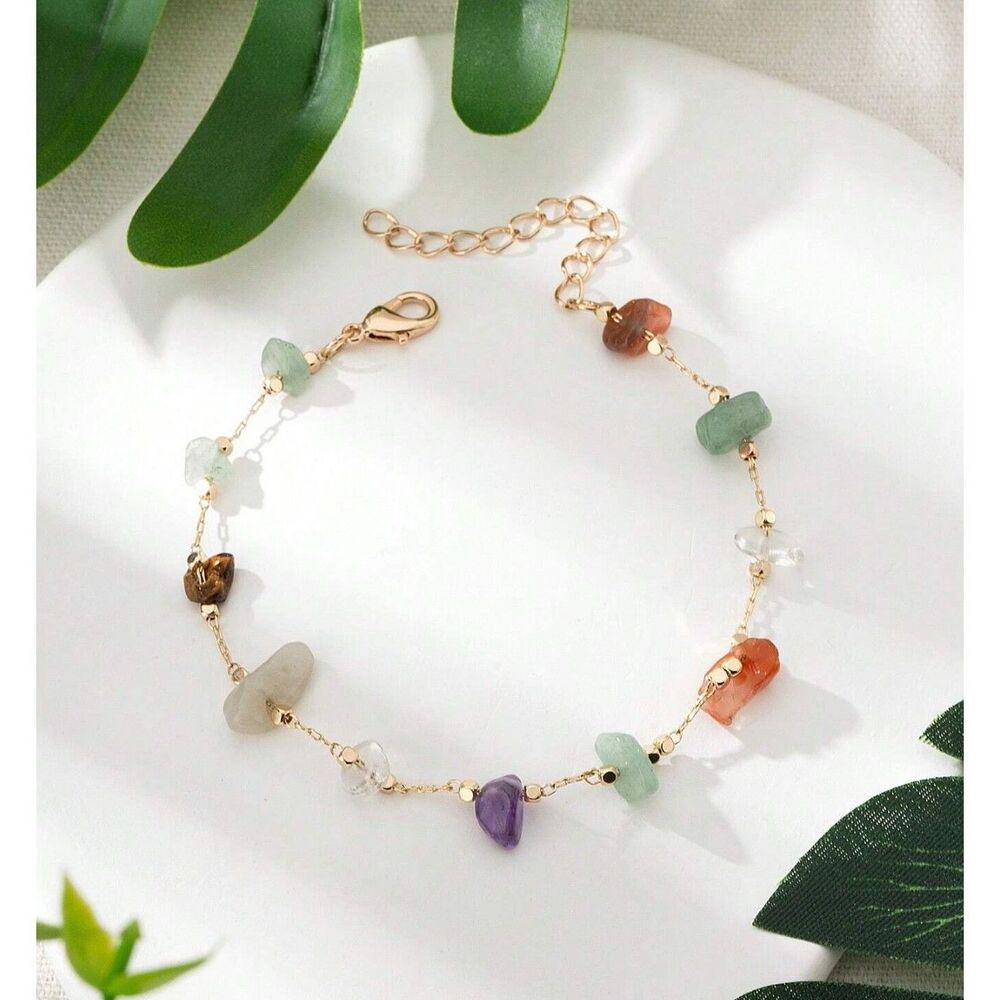 Natural Multi Gemstone Beaded Bracelet Gold Adjustable Chain Raw Crystal Colrful